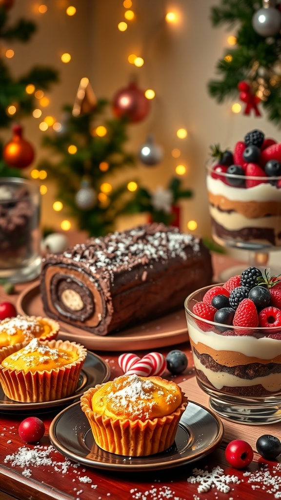 A festive display of Christmas desserts: mince pies, chocolate yule log, and trifle on a decorated table.